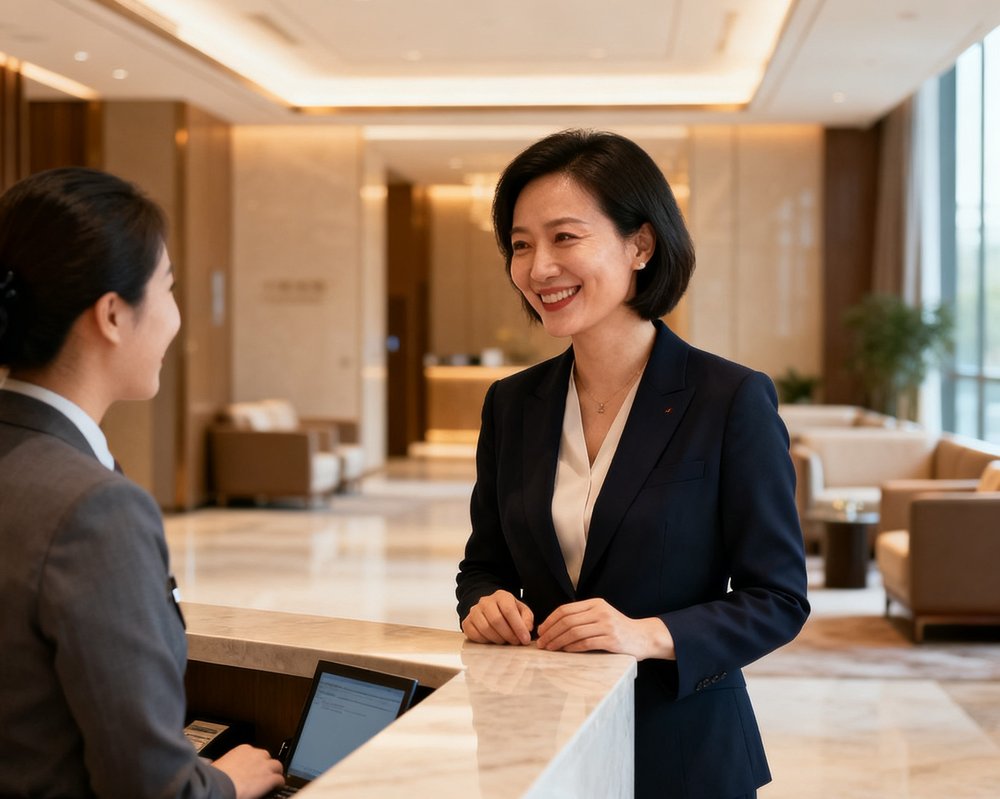 运营总监李雅文女士站在贵宾厅前台区域，微笑着与工作人员交流，背景是整洁的接待大厅
